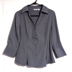Cato Slate Grey Slim Fit Button Up 3/4 Sleeve Blouse Size Small
